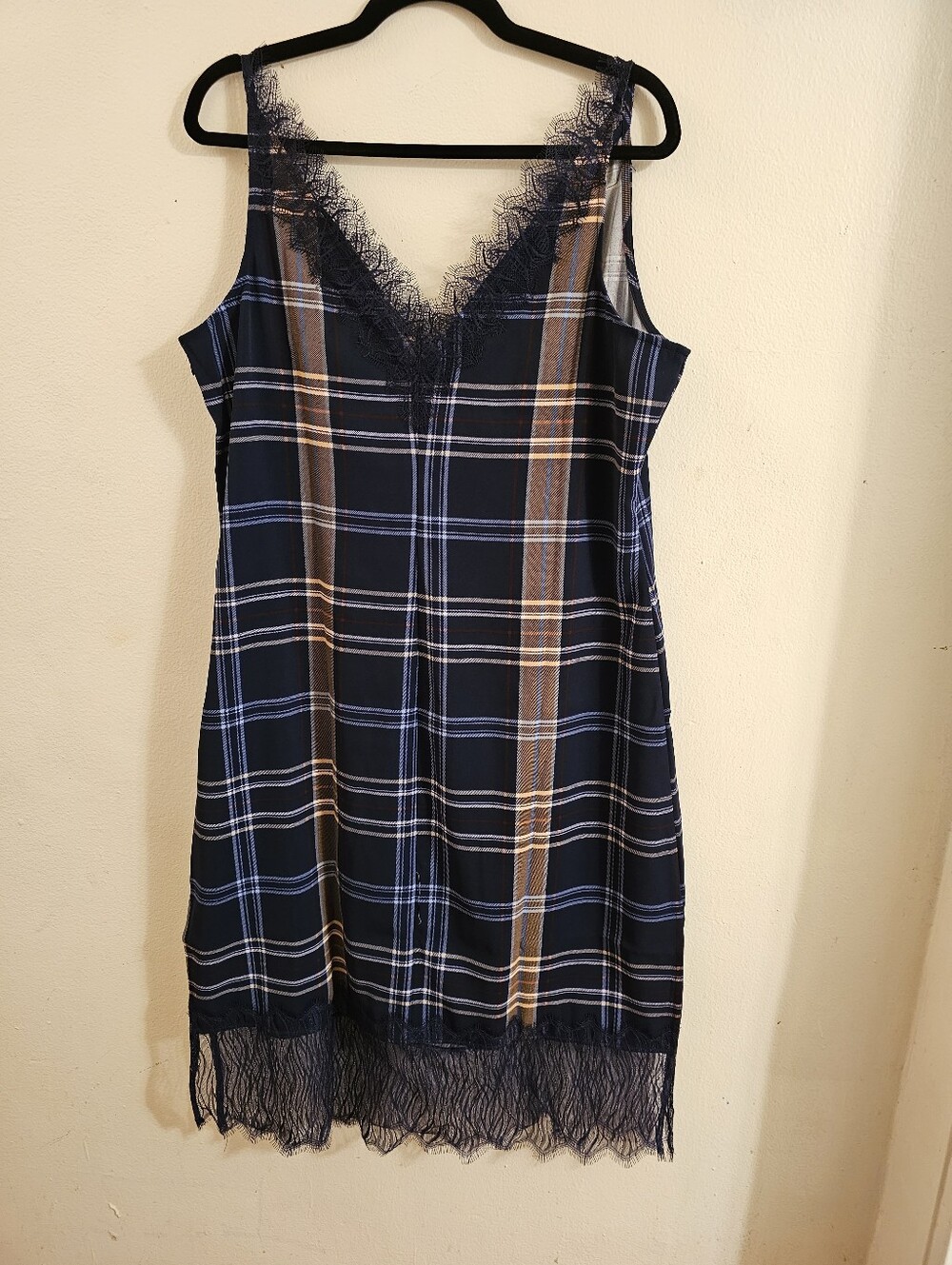 Worthington Navy & Tan Plaid Slip Dress with Lace Trim. V-Neck
